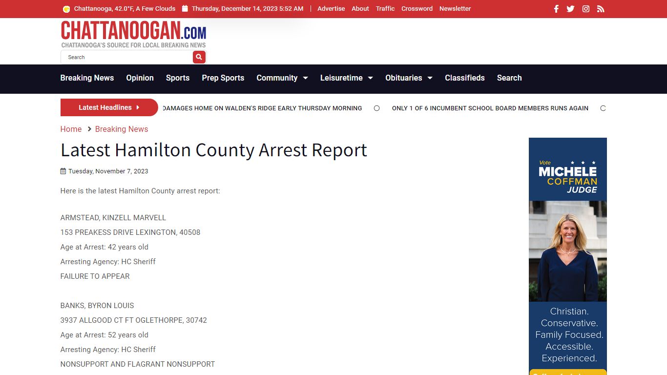 Latest Hamilton County Arrest Report - Chattanoogan.com